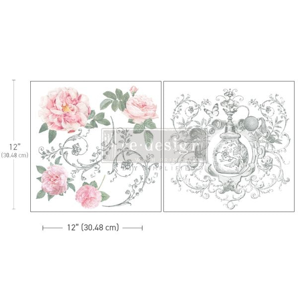 Pink roses and silver vintage design. Odeur de Rose 12x12 ReDesign with Prima Rub on Transfer