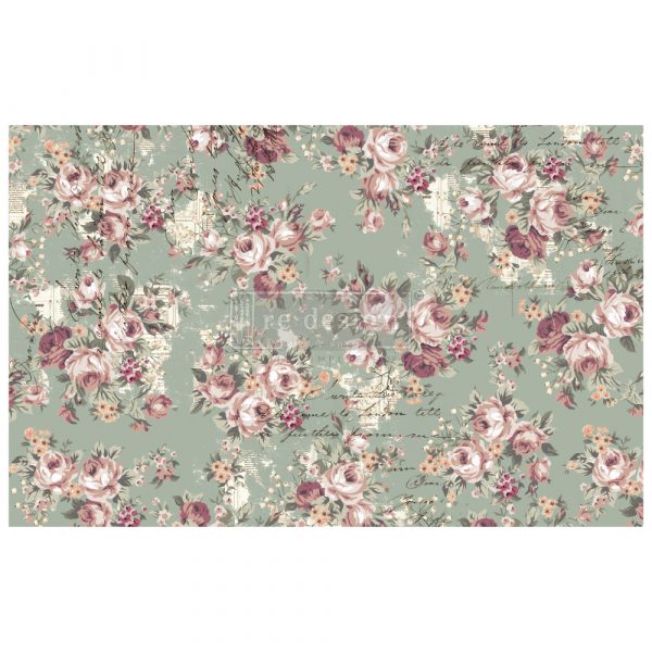 Peach and burgundy floral on green background, ReDesign with Prima Décor Tissue Paper for Decoupage