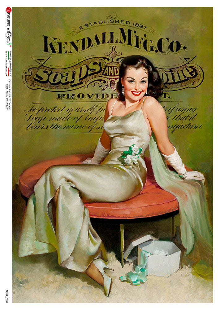 This Beautiful Ad Model in green dress A5 Rice Paper is of Exquisite Quality for Decoupage crafts. Thin yet durable. Imported from Europe. Beautiful colors