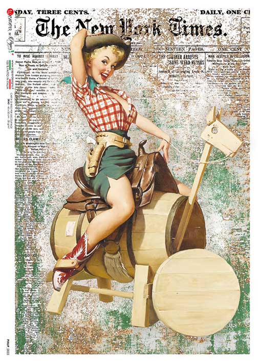 Blond cartoon pin up model on wooden horse on New York Times paper European Paper Designs Italy Rice Paper is of exquisite Quality for Decoupage art