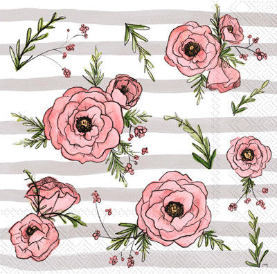 These pink Floral Peonies on  grey stripes Decoupage Paper Napkins are of exceptional quality. Imported from Europe.  3-ply, silky feel, and vivid ink colors. Ideal for Decoupage Crafting, DIY craft projects