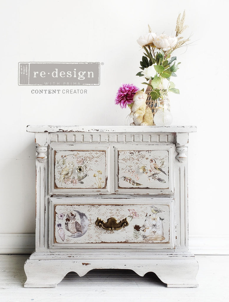 ReDesign with Prima Forest Decor Transfers® are easy to use rub-on transfers for Furniture and Mixed Media uses. Simply peel, rub-on and transfer
