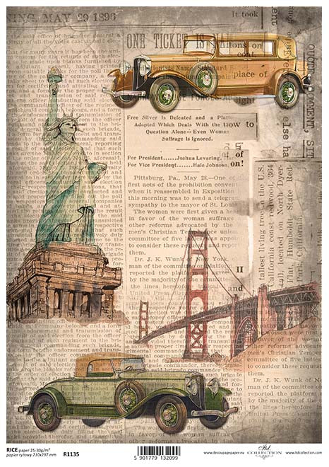 Vintange Model T American Cars with Statue of Liberty and Golden Gate Bridge A4 Rice Paper for Decoupage Crafting, Scrapbooking, Journaling, Cardmaking