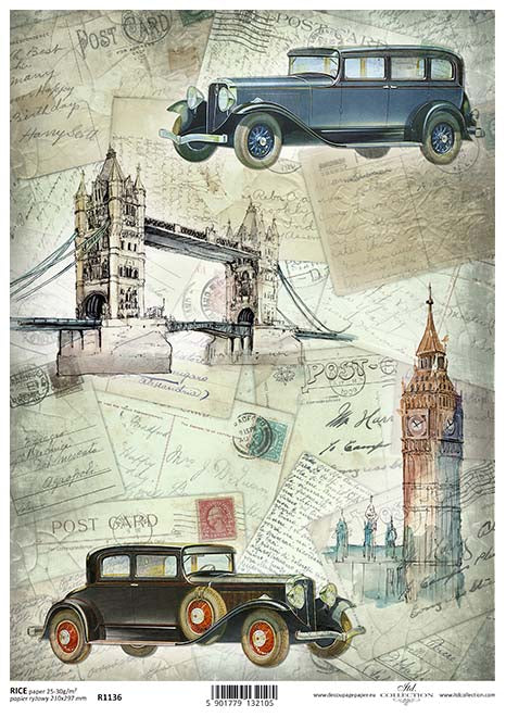 Vintage Cars Modle A and Model T with Tower Bridge, Big Ben in London Beautiful Rice Paper for Decoupage Crafting, Scrapbooking, Journaling, Cardmaking