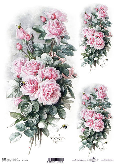 Pink Roses Rice Paper for Decoupage, Scrapbooking, Journals, Card