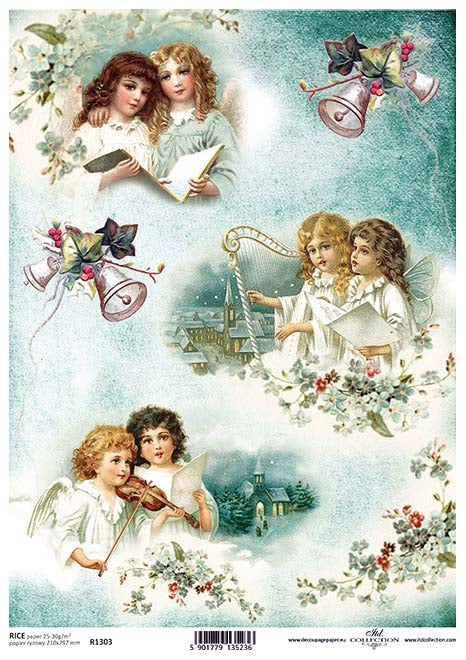 Angels with musical instruments on Beautiful Rice Paper for Decoupage Crafting, Scrapbooking, Journaling, Cardmaking