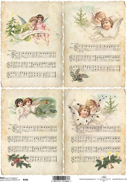 Vintage Christmas Holiday Angel with Music Rice Paper for Decoupage Crafting, Scrapbooking, Journaling, Cardmaking