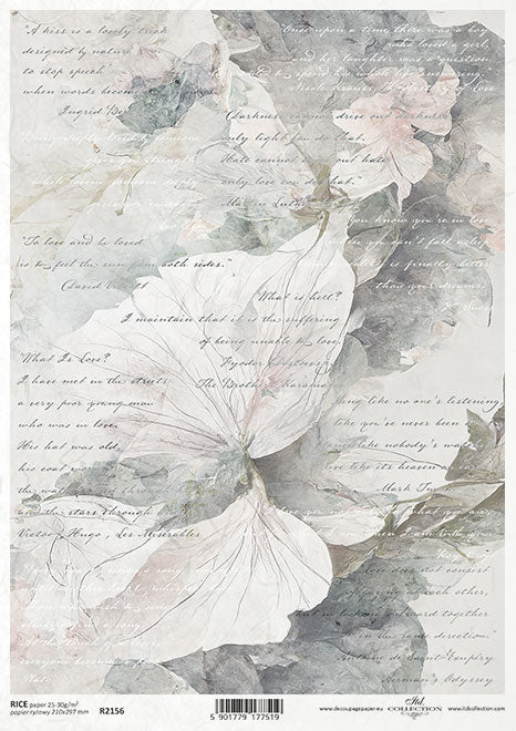 Winter Wedding white floral with script pattern. Beautiful European ITD Collection Decoupage Paper is of Exquisite Quality for Decoupage Art.