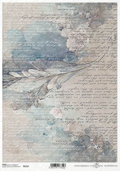 Winter Wedding blue and white floral with script pattern. Beautiful European ITD Collection Decoupage Paper is of Exquisite Quality for Decoupage Art.