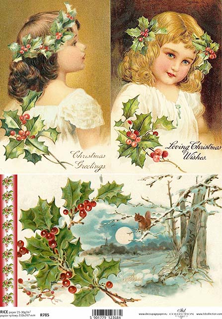 A4 Rice Paper Vintage Girls in Green Holly and Berries for Decoupage Crafting, Scrapbooking, Journaling, Cardmaking