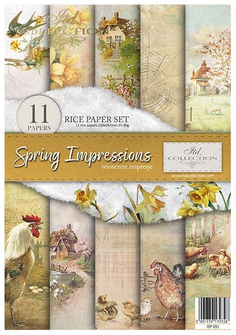 Spring Impressions farm animals A4 Rice Paper by ITD Collection. Exquisite Quality. Thin yet durable. Imported from Europe. Beautiful colors & patterns