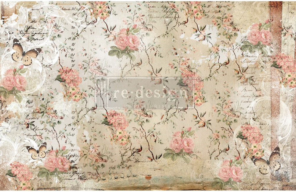 Botanical pink floral Tear Resistant Redesign with Prima Decoupage Tissue Paper. Large 19"x30" size is great for Furniture Upcycle projects. Fibrous texture with a fabric like feel.