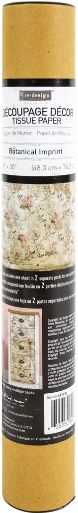 Botanical pink floral Tear Resistant Redesign with Prima Decoupage Tissue Paper. Large 19"x30" size is great for Furniture Upcycle projects.