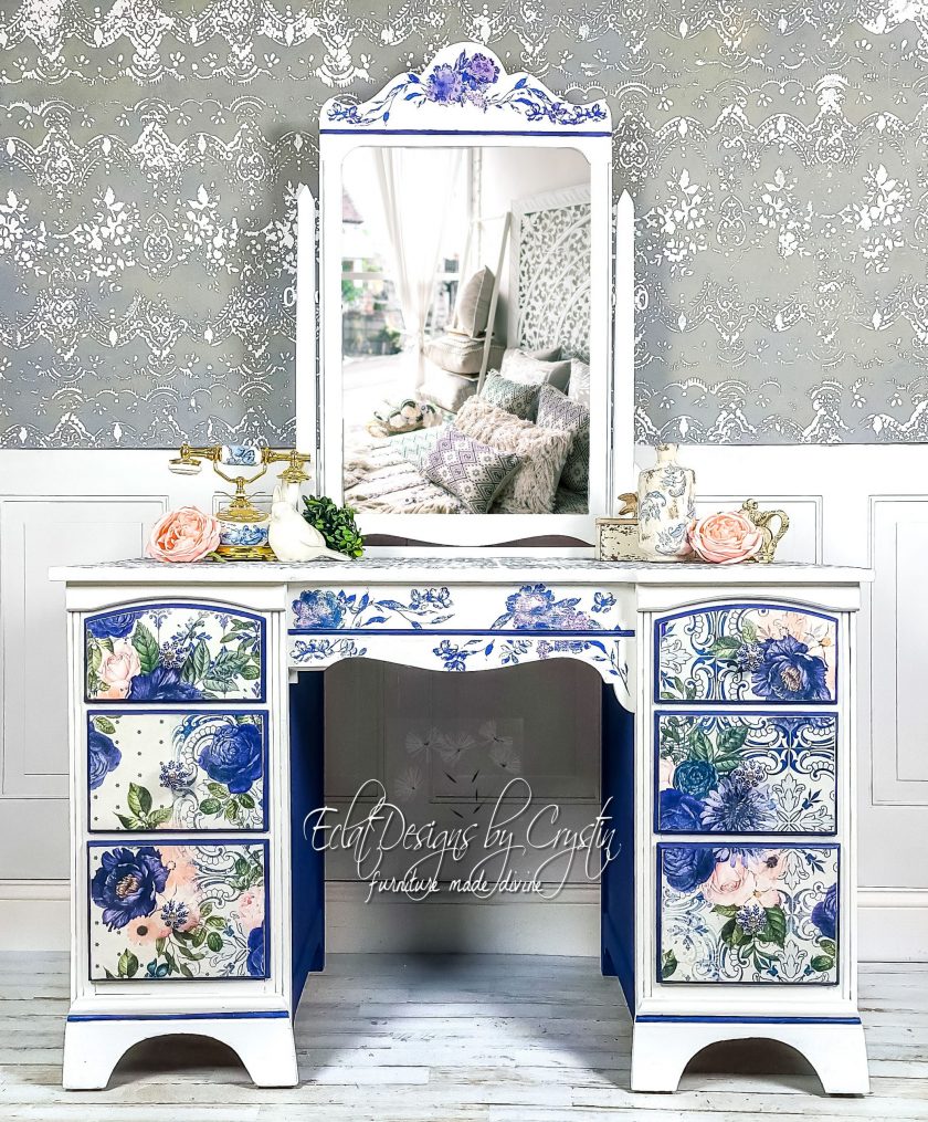 Blue and pink Fancy Essence floral tear Resistant Redesign with Prima Decoupage Tissue Paper. Large 19"x30" size is great for Furniture Upcycle projects.