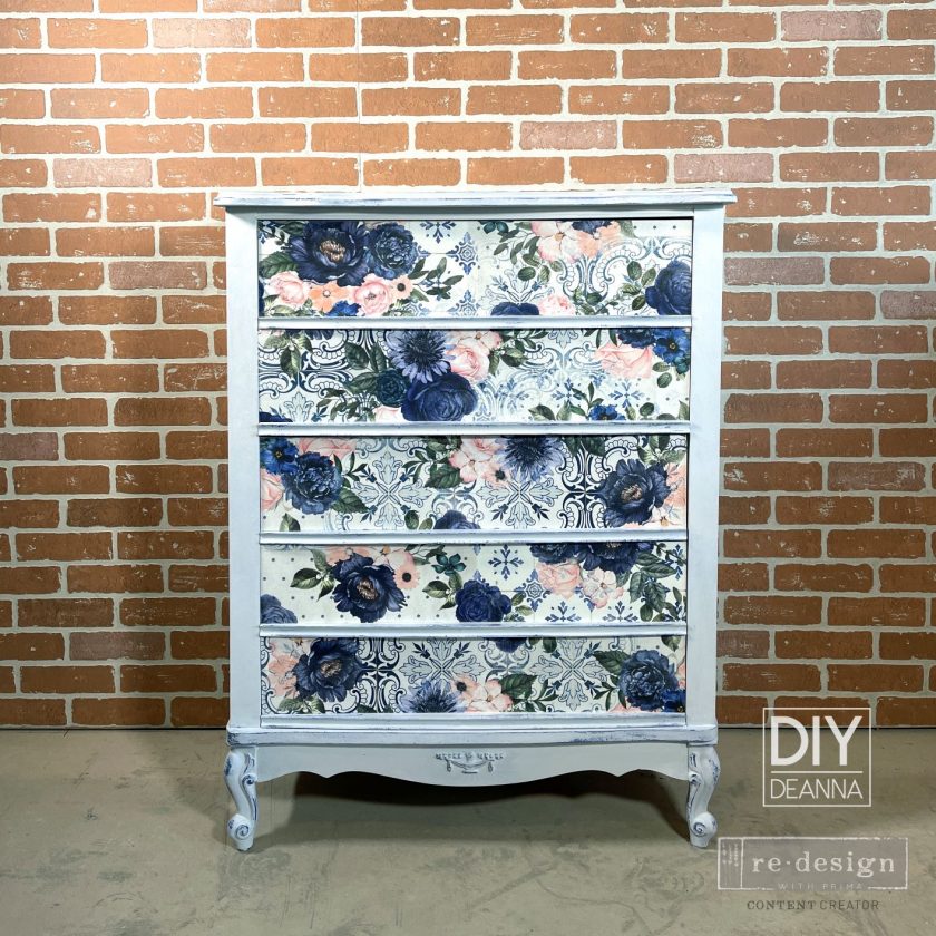 Blue and pink Fancy Essence floral tear Resistant Redesign with Prima Decoupage Tissue Paper. Large 19"x30" size is great for Furniture Upcycle projects.