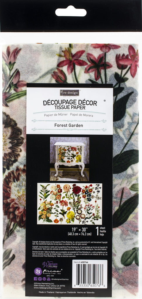 Multi color vibrant Forest Garden Text Resistant Redesign with Prima Decoupage Tissue Paper. Large 19"x30" size is great for Furniture Upcycle projects.