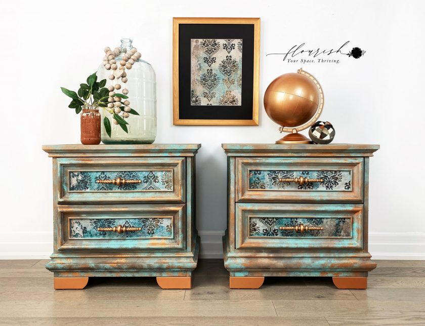 Teal and gold Patina Flourish Tear  Resistant Redesign with Prima Decoupage Tissue Paper. Large 19"x30" size is great for Furniture Upcycle projects.