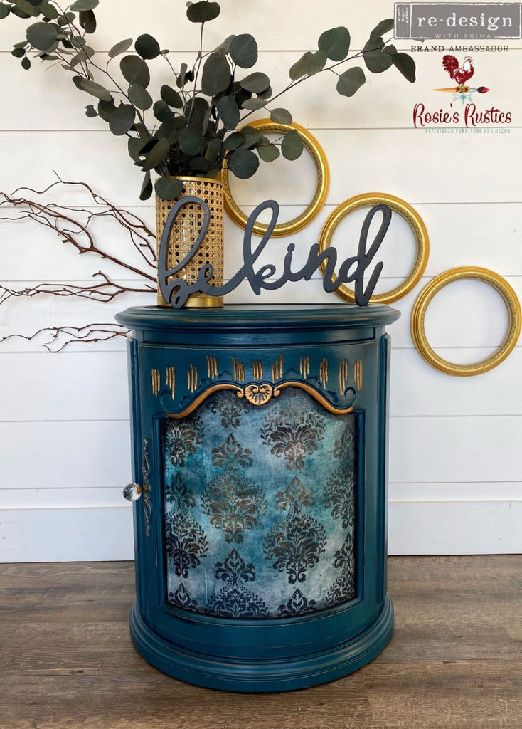 Teal and gold Patina Flourish Tear  Resistant Redesign with Prima Decoupage Tissue Paper. Large 19"x30" size is great for Furniture Upcycle projects.