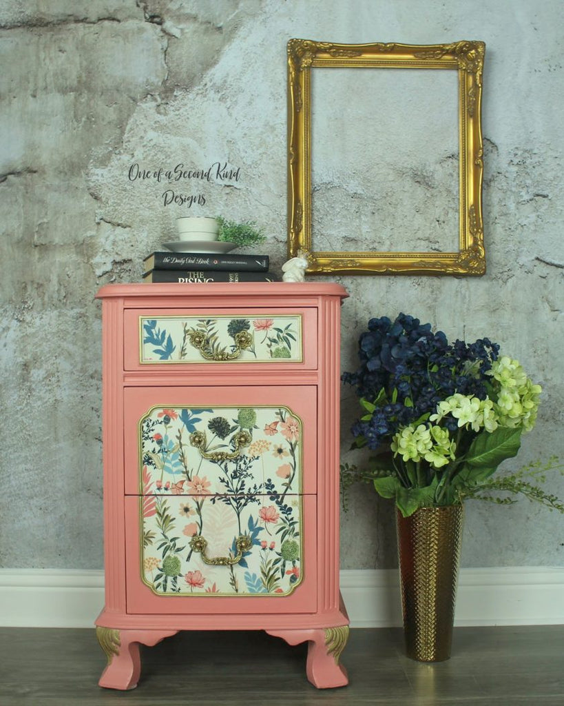 Pink and blue floral Pretty Meadows Tear  Resistant Redesign with Prima Decoupage Tissue Paper. Large 19"x30" size is great for Furniture Upcycle projects.
