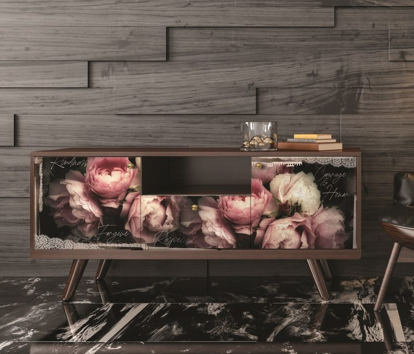 Pink floral on black Zara Tear  Resistant Redesign with Prima Decoupage Tissue Paper. Large 19"x30" size is great for Furniture Upcycle projects.