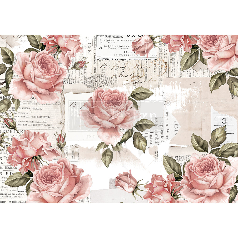 This pink roses Floral Sweetness 11.5"x16.25" delicate yet durable mulberry decoupage paper from ReDesign with Prima boasts vibrant, beautiful color