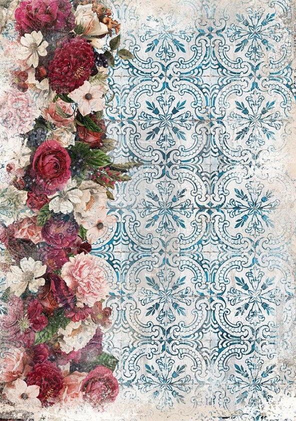 This blue floral Burgundy Woods 11.5"x16.25" delicate yet durable mulberry decoupage paper from ReDesign with Prima boasts vibrant, beautiful color