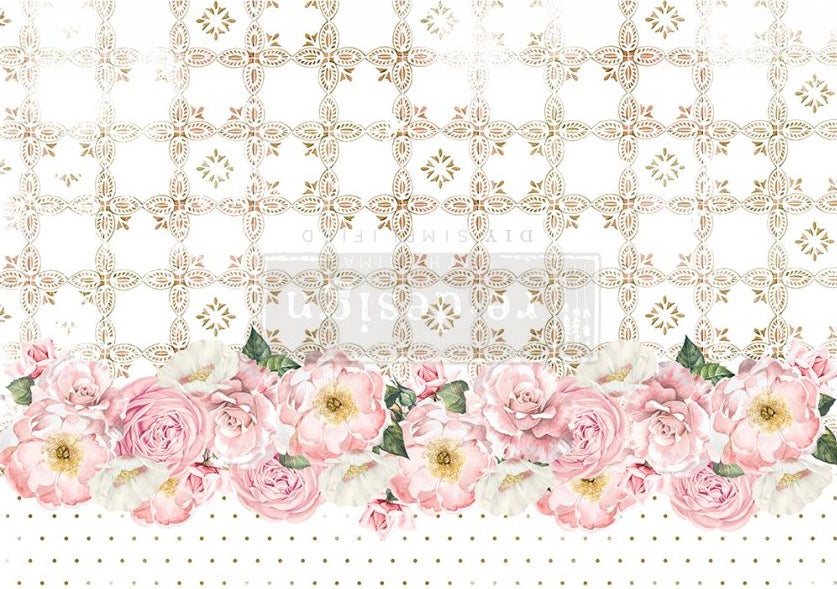 Pink roses & polka dot Tranquil Bloom 11.5"x16.25" delicate yet durable mulberry decoupage paper from ReDesign with Prima boasts vibrant, beautiful color