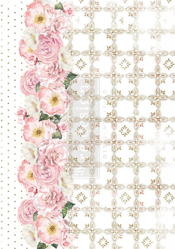 Pink roses & polka dot Tranquil Bloom 11.5"x16.25" delicate yet durable mulberry decoupage paper from ReDesign with Prima boasts vibrant, beautiful color