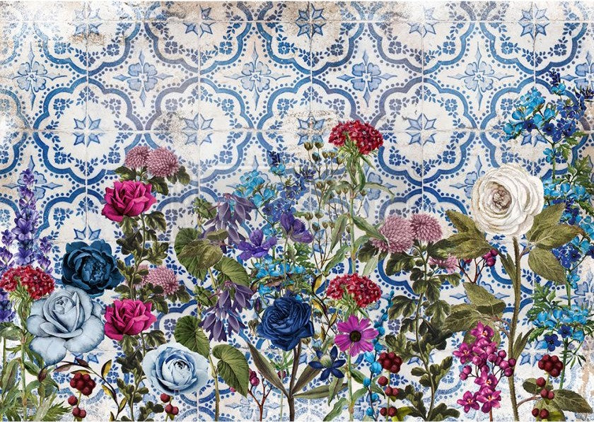 This blue floral Moonlight Garden 11.5"x16.25" delicate yet durable mulberry decoupage paper from ReDesign with Prima boasts vibrant, beautiful color