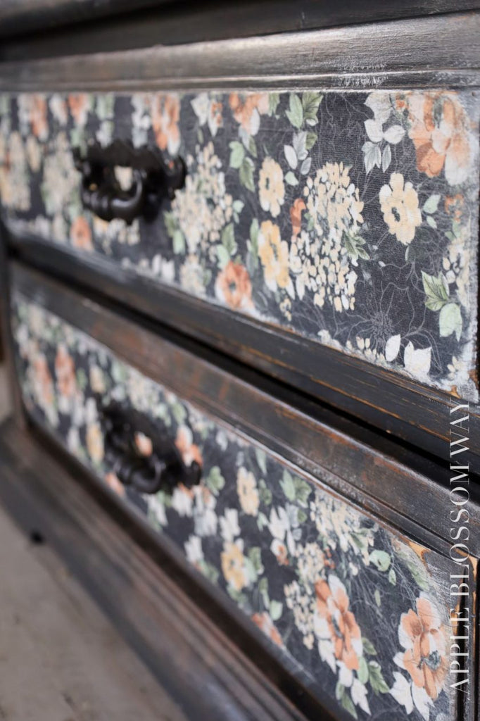 Peach flowers on black, Midnight Amber Tear  Resistant Redesign with Prima Decoupage Tissue Paper. Large 19"x30" size is great for Furniture Upcycle projects.