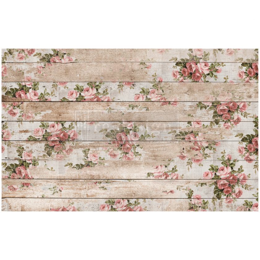 Pink flowers on wood Shabby Floral Tear  Resistant Redesign with Prima Decoupage Tissue Paper. Large 19"x30" size is great for Furniture Upcycle projects.