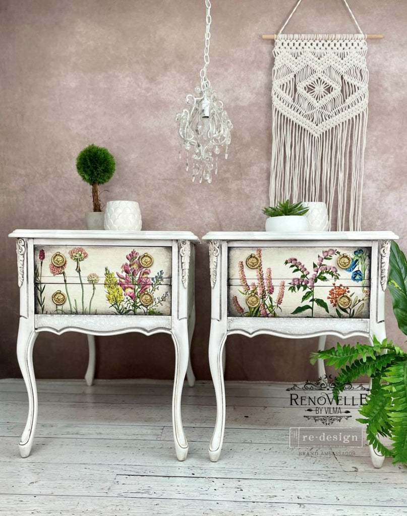 Colorful floral Wild Herbs Tear  Resistant Redesign with Prima Decoupage Tissue Paper. Large 19"x30" size is great for Furniture Upcycle projects.
