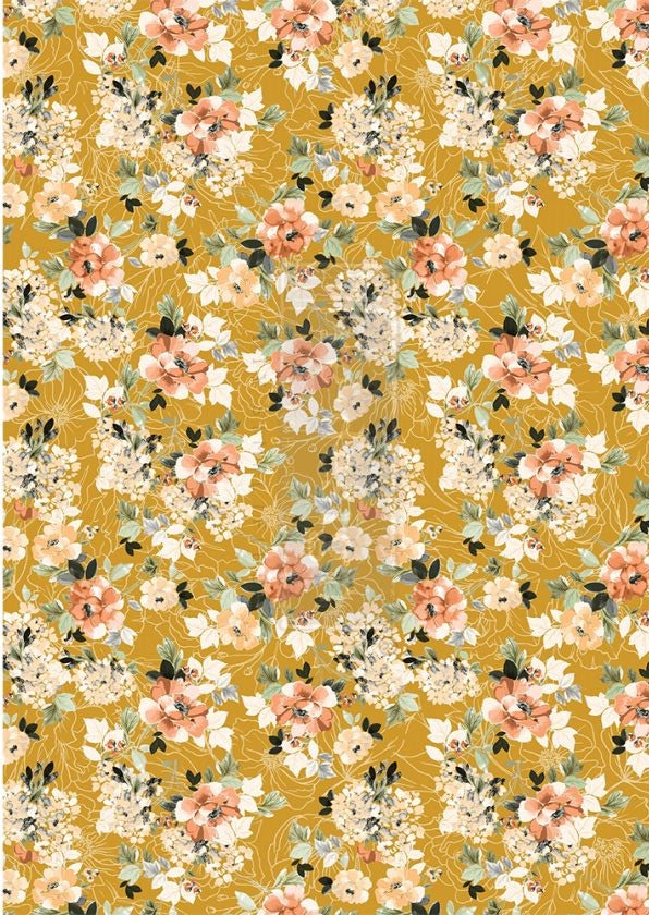 This golden floral Fleurette Dress 11.5"x16.25" delicate yet durable mulberry decoupage paper from ReDesign with Prima boasts vibrant, beautiful color