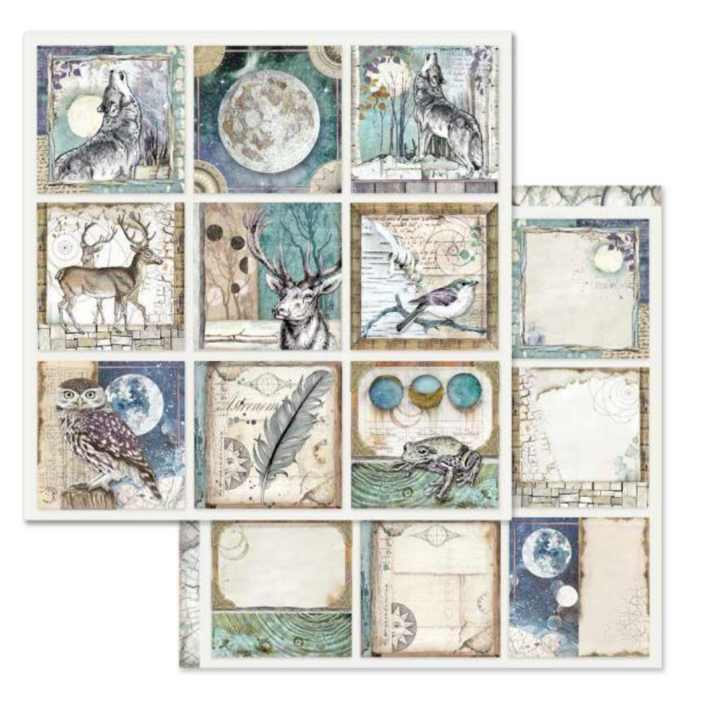 Blue and tan wolf, moon, deeer, frog, owl. Cosmos Cards 12"x12" Double-Sided Cardstock. Beautiful 12x12 Scrapbooking paper by Stamperia.