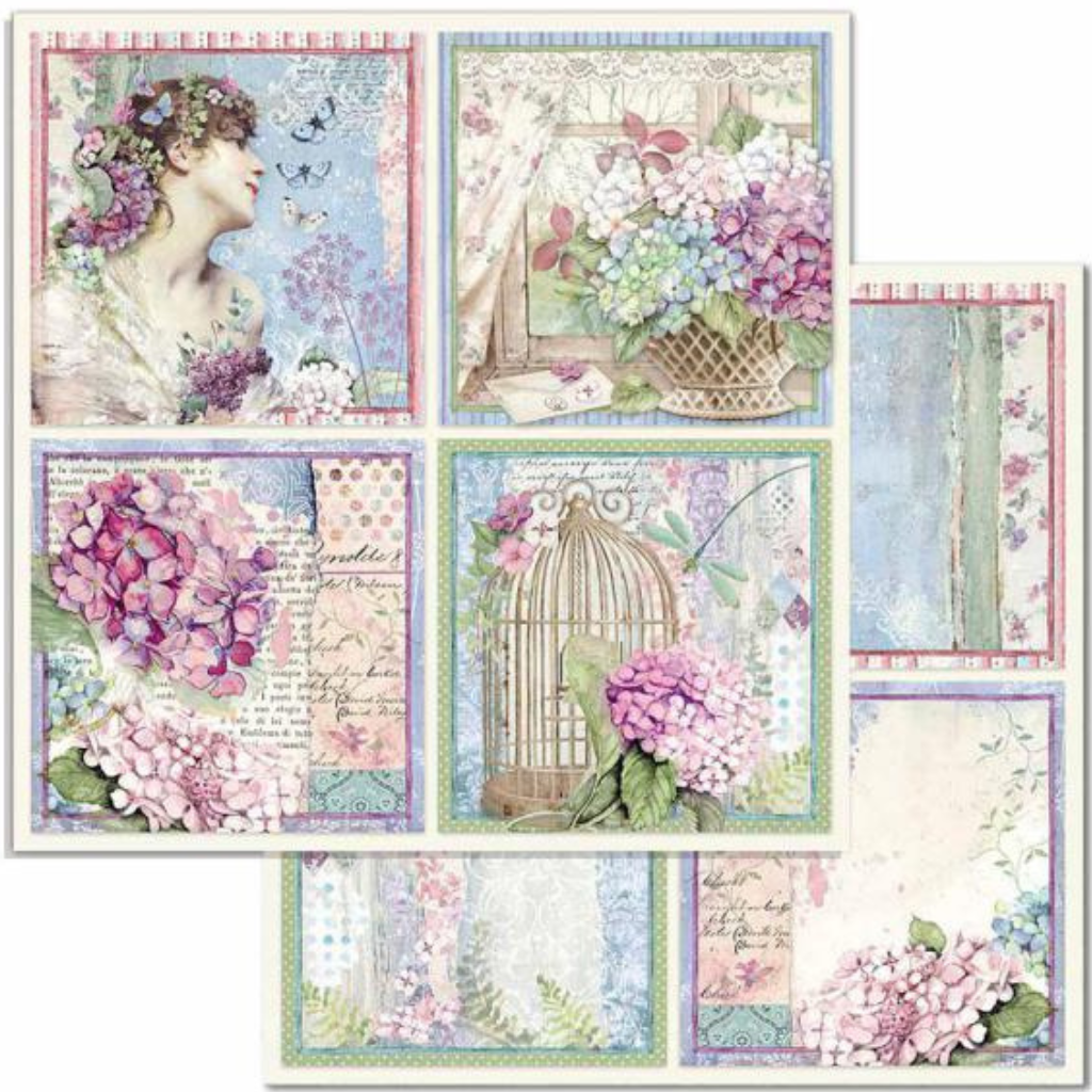 Blue pink Hydrangea floral vintage Face Cards Hortensia Cards 12"x12" Double-Sided Cardstock. Beautiful 12x12 Scrapbooking paper by Stamperia
