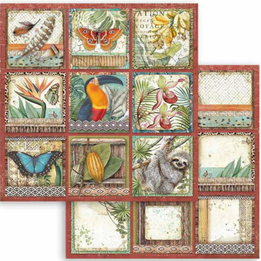 Jungle animals Amazonia Square Tags Cards 12"x12" Double-Sided Cardstock. Beautiful 12x12 Scrapbooking paper by Stamperia