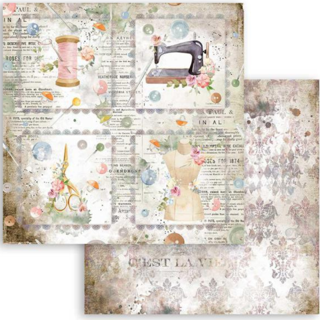 Tan & pink vintage sewing machine. Threads Cards 12"x12" Double-Sided Cardstock. Beautiful 12x12 Scrapbooking paper by Stamperia.