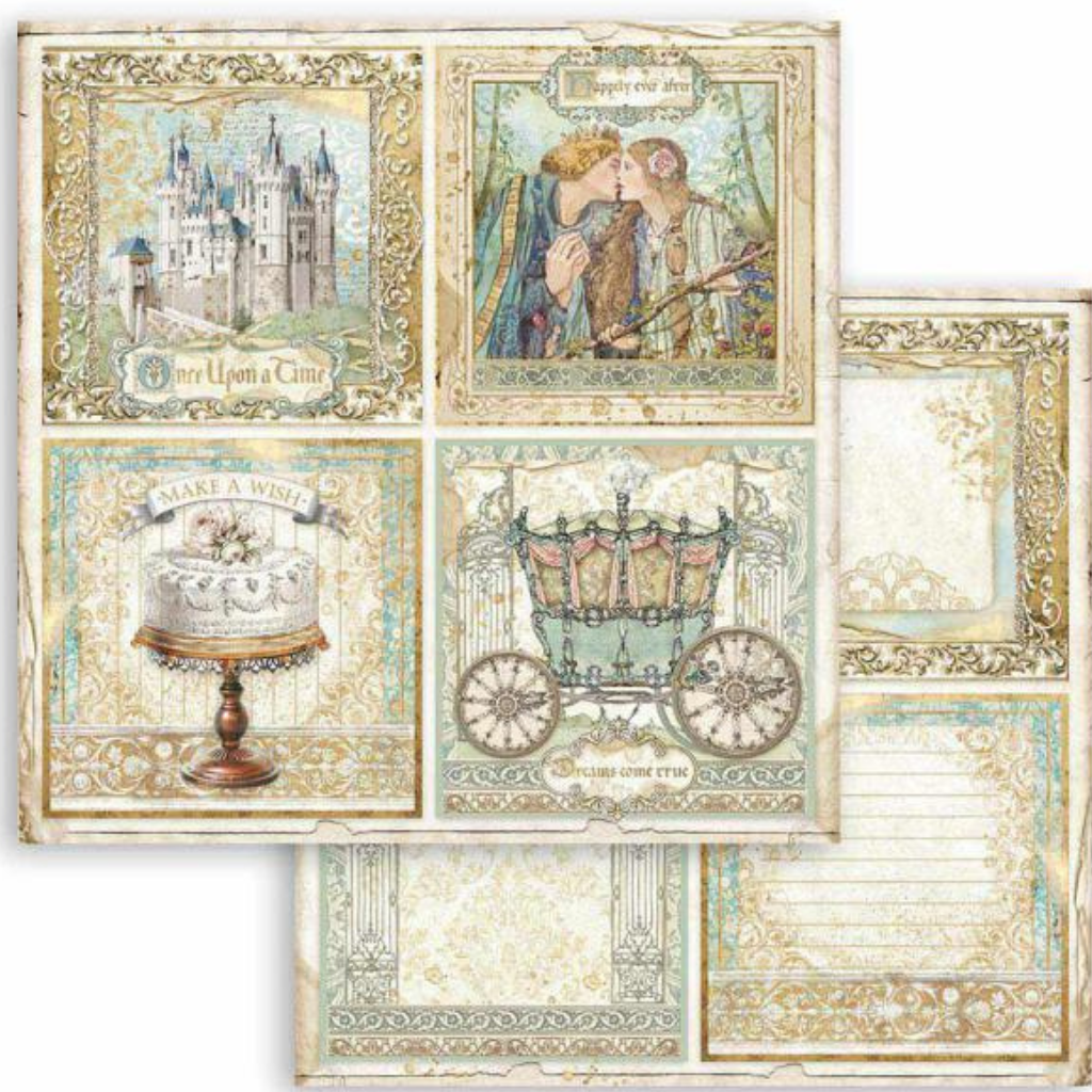 Beige and green prince princess carriage Sleeping Beauty Cards 12"x12" Double-Sided Cardstock. Beautiful 12x12 Scrapbooking paper by Stamperia