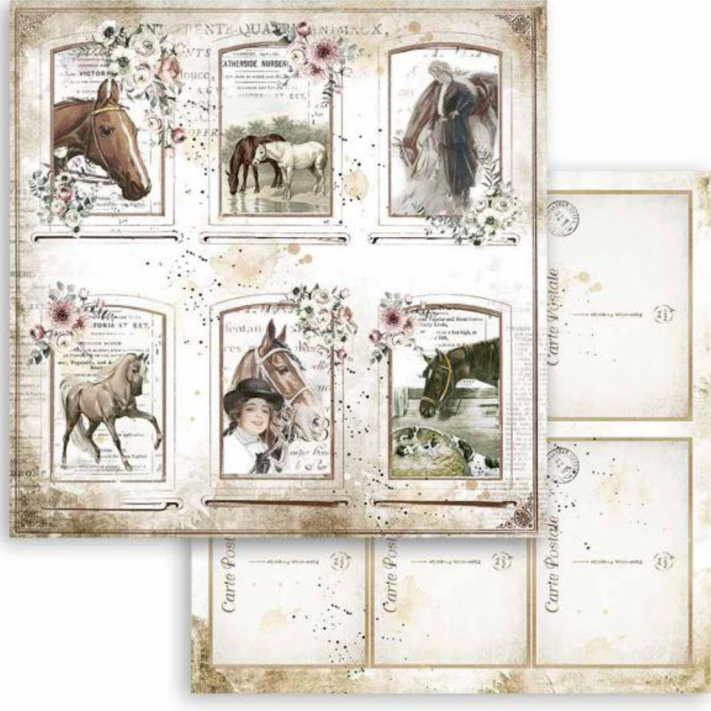 Beige pink floral Romantic Horses Cards 12"x12" Double-Sided Cardstock. Beautiful 12x12 Scrapbooking paper by Stamperia