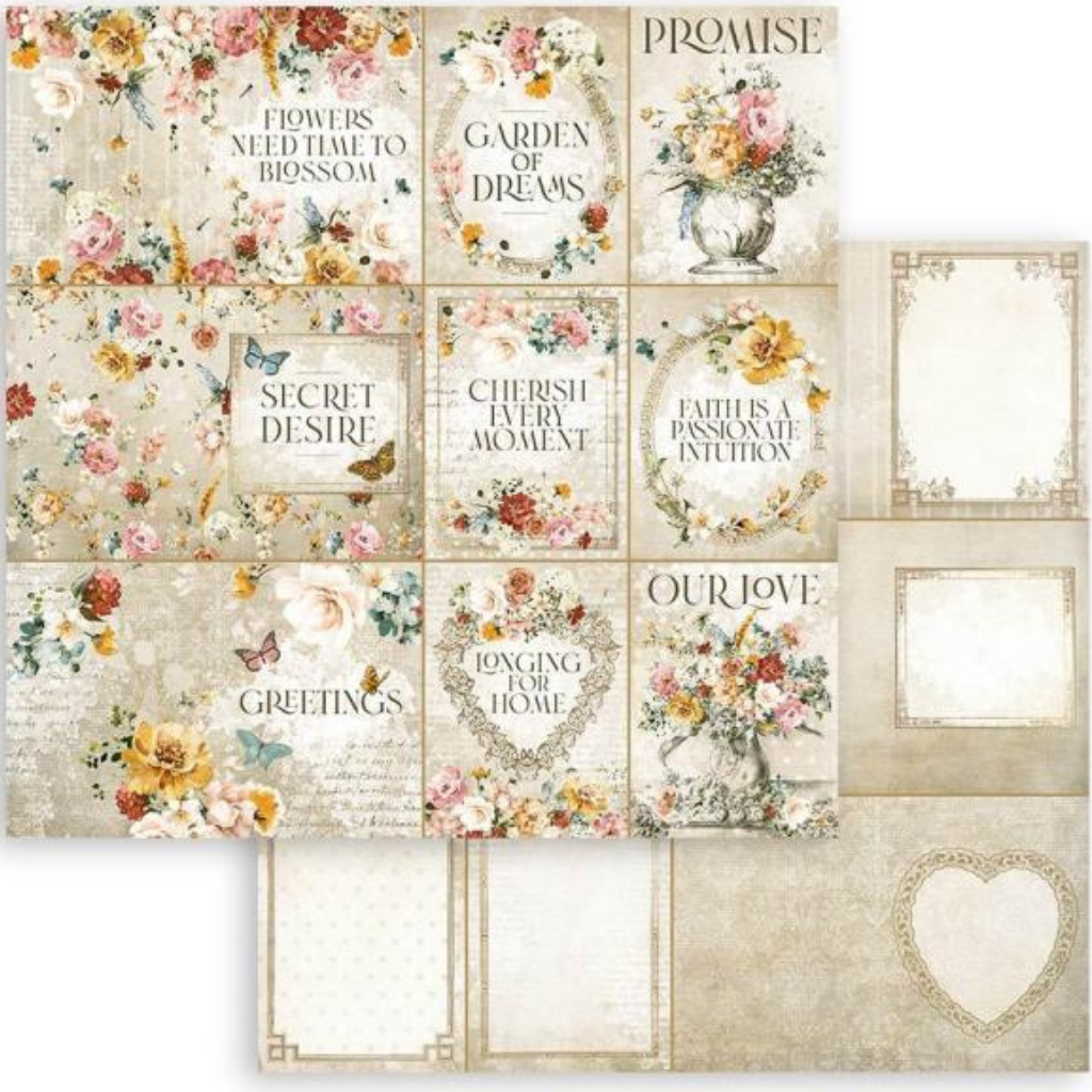 Hearts and Flowers beige yellow pink Garden of Promise Cards 12"x12" Double-Sided Cardstock. Beautiful 12x12 Scrapbooking paper by Stamperia