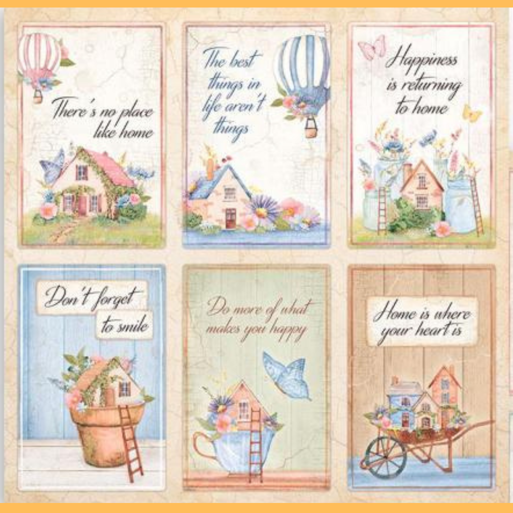 Pink blue and green Create Happiness Cards Welcome Home 12"x12" Double-Sided Cardstock. Beautiful 12x12 Scrapbooking paper by Stamperia