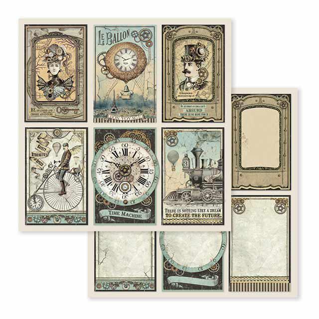 Vintage trains, clocks, bicycle and lady. Voyages Fantastiques Cards 12"x12" Double-Sided Cardstock. Beautiful 12x12 Scrapbooking paper by Stamperia