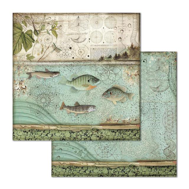 Blue Green and Tan fish in lake. Forest Fish Cards 12"x12" Double-Sided Cardstock. Beautiful 12x12 Scrapbooking paper by Stamperia.