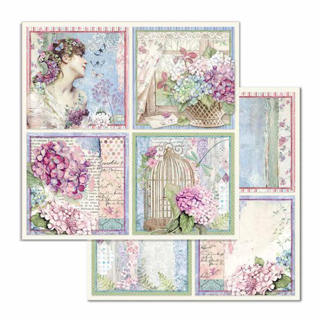 Blue pink Hydrangea floral vintage Face Cards Hortensia Cards 12"x12" Double-Sided Cardstock. Beautiful 12x12 Scrapbooking paper by Stamperia
