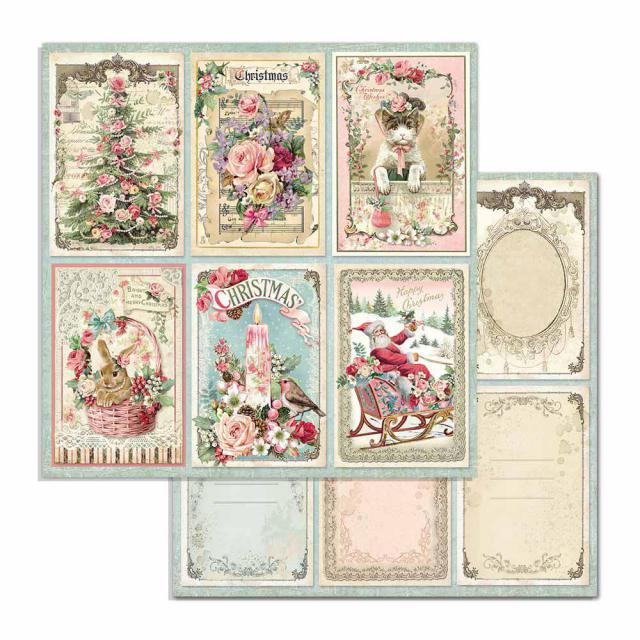 Sled, Santa, Tree. Pink Christmas Cards 12"x12" Double-Sided Cardstock. Beautiful 12x12 Scrapbooking paper by Stamperia