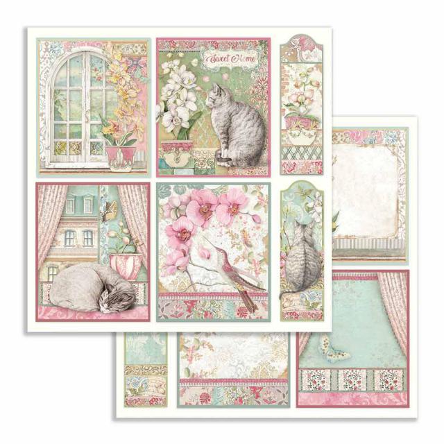 Pink and Green Orchids and Cats Cards 12"x12" Double-Sided Cardstock. Beautiful 12x12 Scrapbooking paper by Stamperia