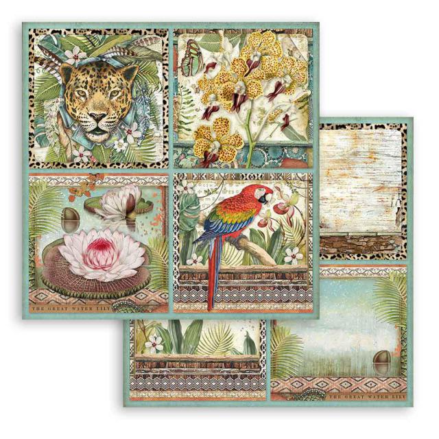 Jungle theme leopard parrot orchid Amazonia 4-Cards 12"x12" Double-Sided Cardstock. Beautiful 12x12 Scrapbooking paper by Stamperia