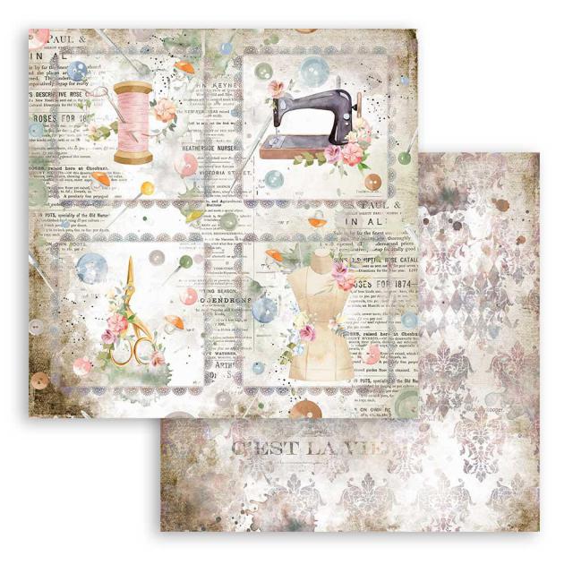 Tan & pink vintage sewing machine. Threads Cards 12"x12" Double-Sided Cardstock. Beautiful 12x12 Scrapbooking paper by Stamperia.