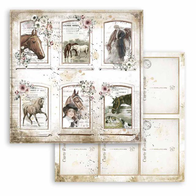 Beige pink floral Romantic Horses Cards 12"x12" Double-Sided Cardstock. Beautiful 12x12 Scrapbooking paper by Stamperia