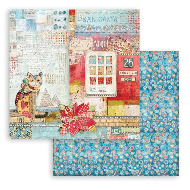 Stamperia Christmas Patchwork Cat 12"x12" Double-Sided Cardstock. Beautiful Scrapbooking paper. Made in Italy. Their patterns are distinctive and recognized around the world.